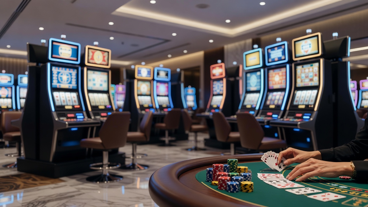 A vibrant casino floor filled with rows of slot machines and gaming tables under bright lights