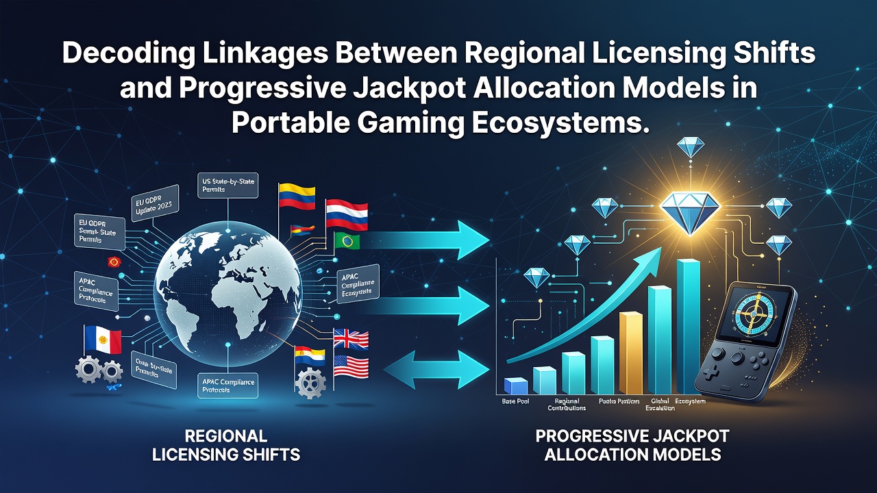 Diagram showing connections between regional gaming licenses and mobile progressive jackpot pools across portable devices