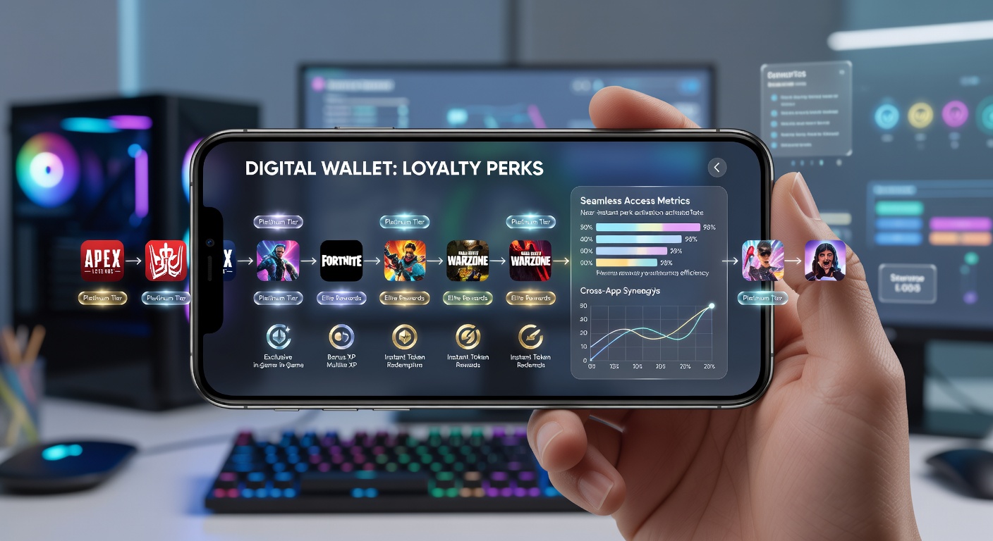Digital wallet integration wth mobile gaming apps showing loyalty tier progression and perk unlocks