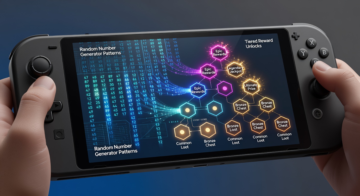 Handheld gaming device displaying tiered reward interface with RNG probability indicators