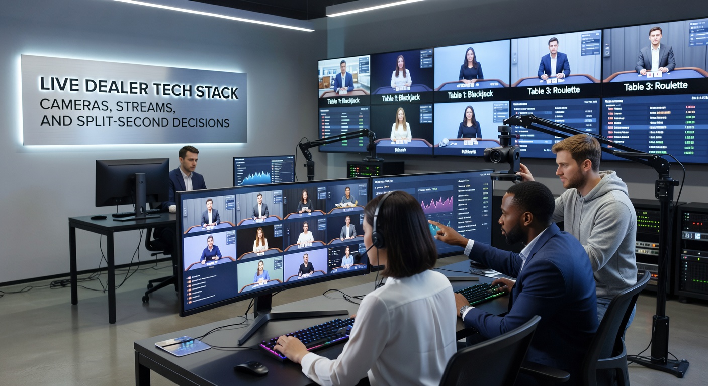 High-resolution multi-camera setup capturing a live blackjack table in a studio, showing dealers and cards in sharp detail from various angles