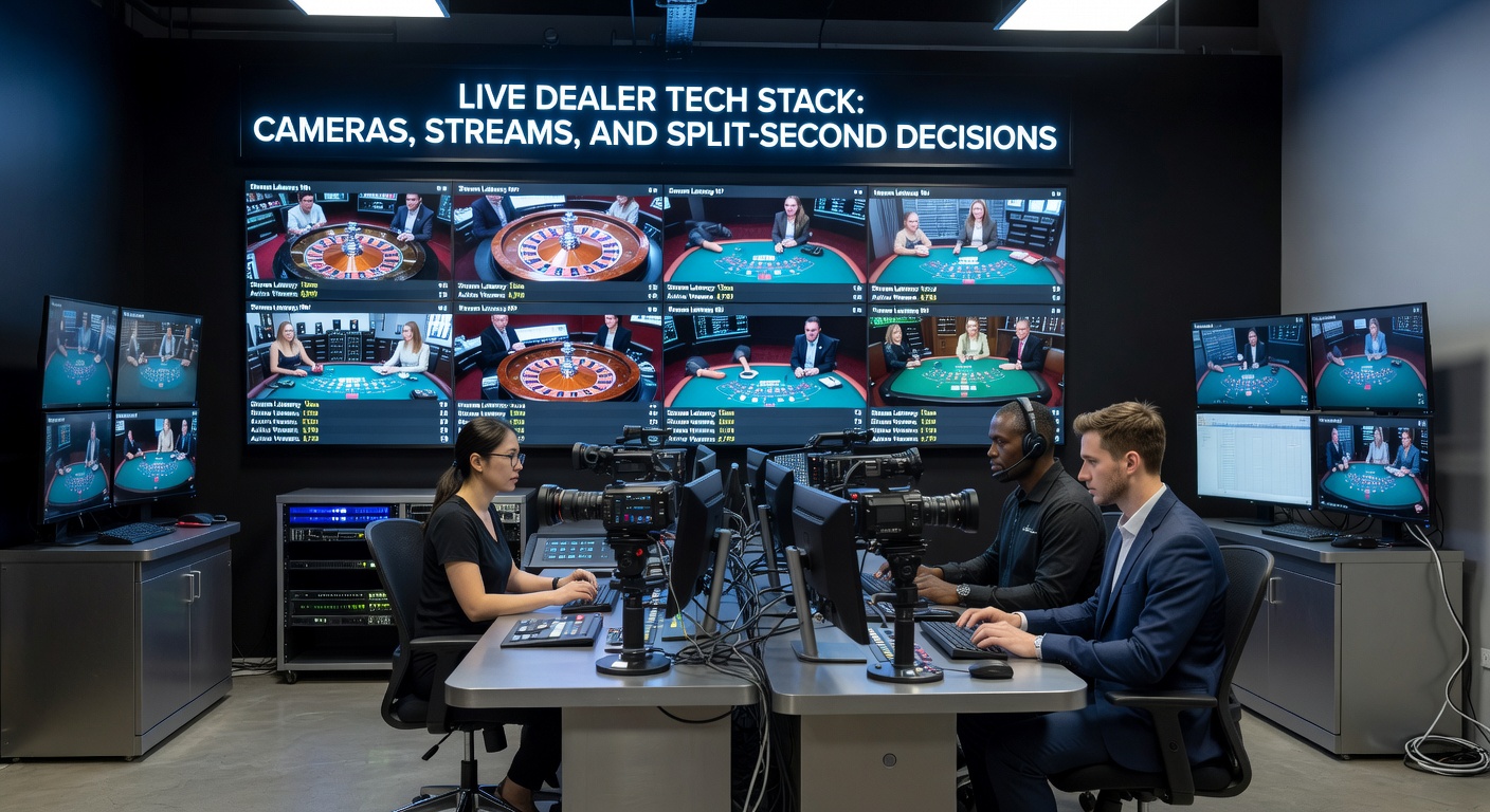 Close-up of streaming servers and encoders in a control room, displaying multiple live feeds with latency graphs hovering near zero milliseconds