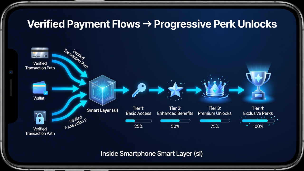 Network diagram illustrating data flows from smartphone payment verification to progressive perk unlock stages in slot applications
