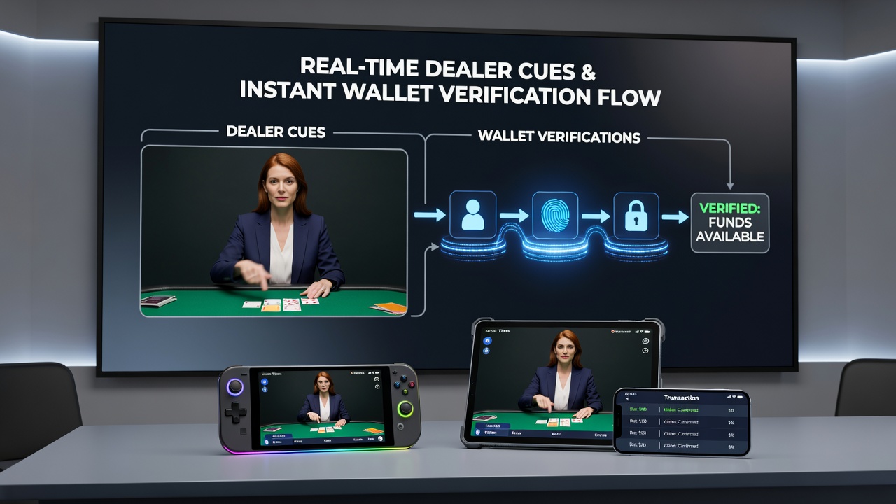 Close-up of portable device displaying synchronized dealer action and wallet confirmation status