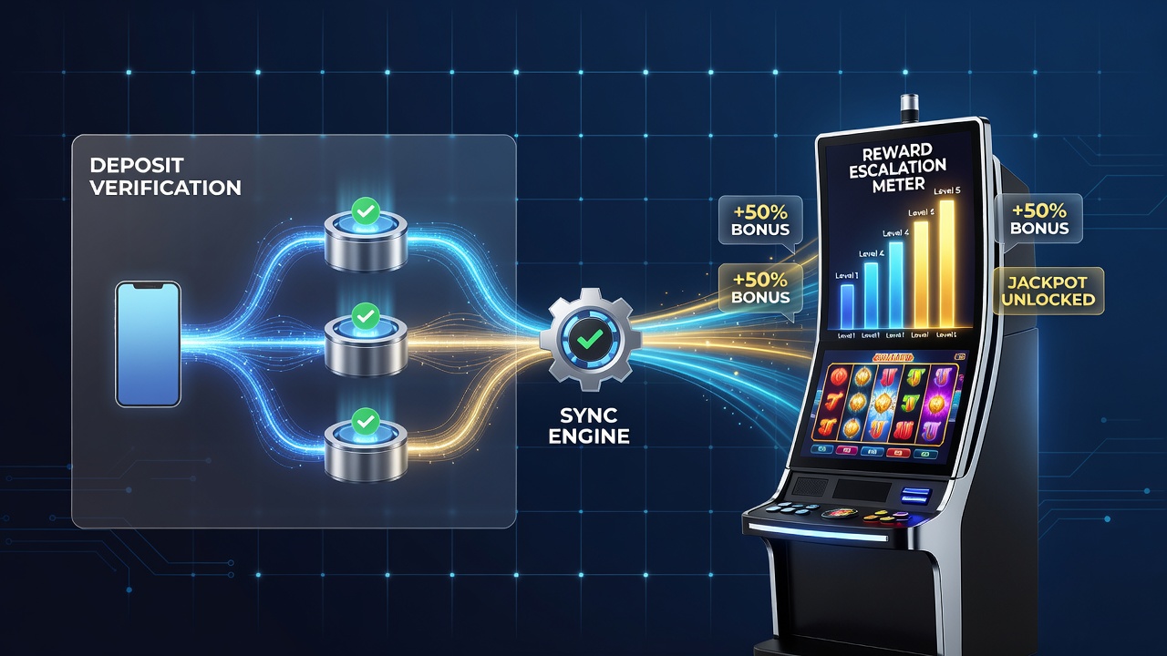Mobile slot app interface showing deposit confirmation and reward tier progression on a smartphone screen